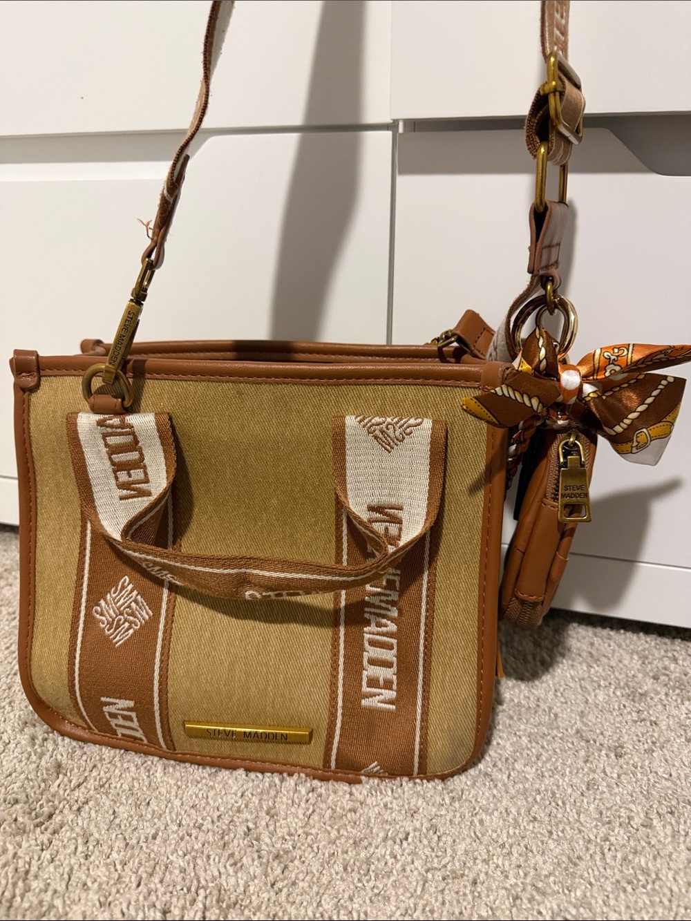 Steve Madden Brown Canvas & Leather Logo Crossbody Bag